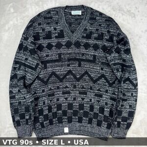 Vtg Geometric Knit Grandpa‎ Sweater Grunge Men's Large Pattern Cosby 90s 80s USA